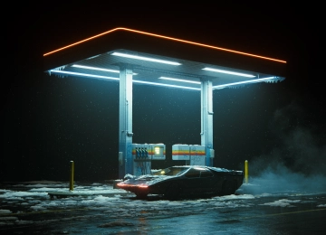 达默里奇·康奈尔,数字艺术,汽车,加油站,夜晚,下雪,道路  4000x1674