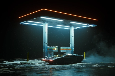 达默里奇·康奈尔,数字艺术,汽车,加油站,夜晚,下雪,道路 4000x1674