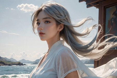 女人 长发 AI艺术 天空 山脉 银发 电脑壁纸 4K壁纸 3840x2176