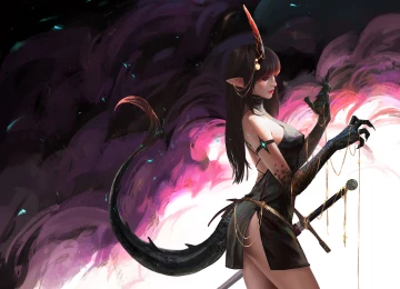 女人 幻想 女孩 大腿 深色头发 长发 剑 武器 幻想艺术 兽耳 尾巴 生物 爪子 4K壁纸  3840x2716