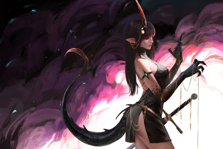 女人 幻想 女孩 大腿 深色头发 长发 剑 武器 幻想艺术 兽耳 尾巴 生物 爪子 4K壁纸 3840x2716