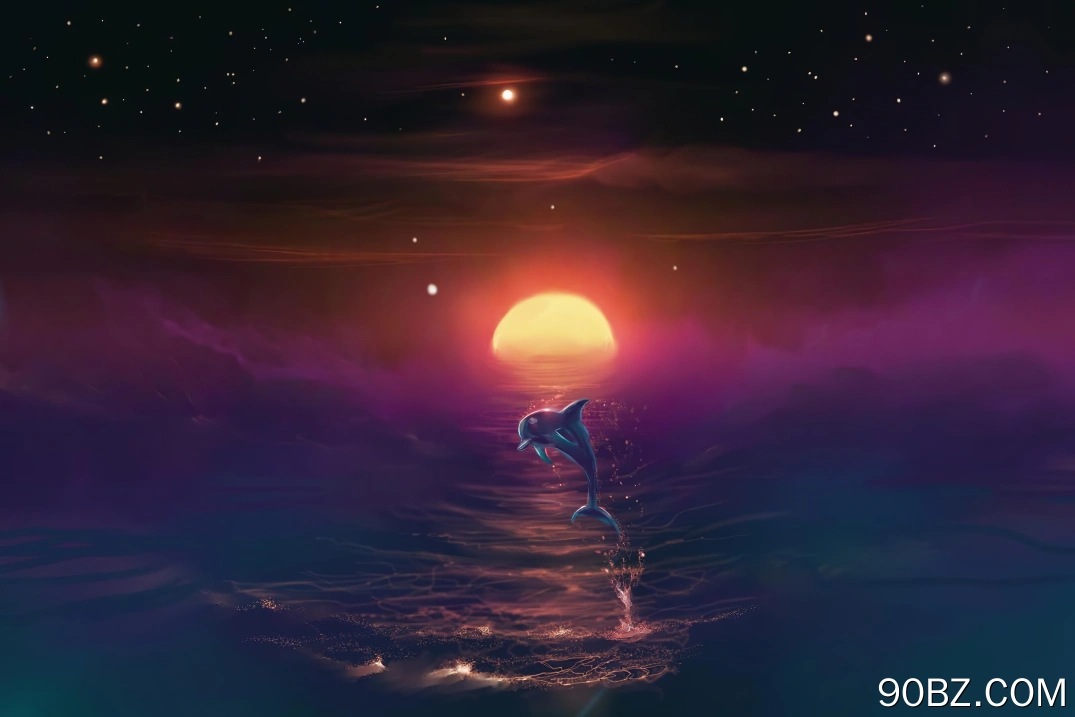 奇幻艺术 海豚 海洋 月亮 星星 夜晚 动物 五颜六色 AI艺术  电脑壁纸 4K壁纸