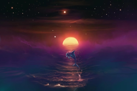 奇幻艺术 海豚 海洋 月亮 星星 夜晚 动物 五颜六色 AI艺术  电脑壁纸 4K壁纸 3840x2561