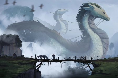卡飞 奇幻艺术 龙 生物 桥 中国龙  4K壁纸 4096x2456