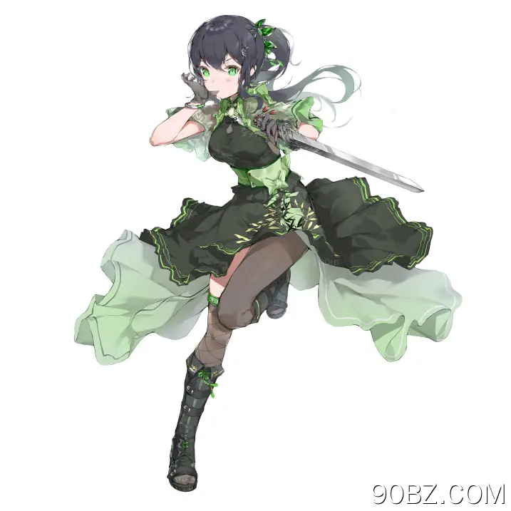绿色 眼睛 动漫女孩 衣服 剑 武器 手套 简单  4K壁纸