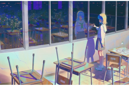 女学生 动漫 女孩 校服 反光 教室 窗户 蓝玫瑰 4K壁纸 4096x2579