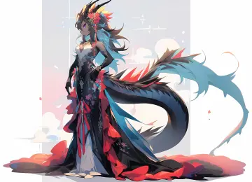动漫女孩 龙女 数字艺术 双色调头发 极简主义 简单背景 喇叭 龙角 连衣裙 头发里的花 电脑壁纸 4K壁纸  5248x3712