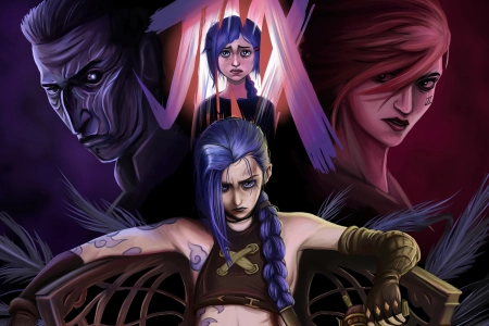 英雄联盟 辫子 蓝色 头发 蓝色眼睛 马尾辫 坐着 双城之战 绘画 4K壁纸 3840x2160