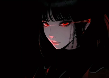 暗黑 少女 红色眼睛 黑色背景 回眸 回头 黑色头发 4K壁纸  3840x2160
