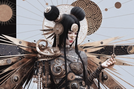 女性 奇幻女孩 长发 红色眼睛 彩绘指甲 黑发 AI艺术 艺术 奇幻艺术 黑色指甲 4K壁纸 3840x2160