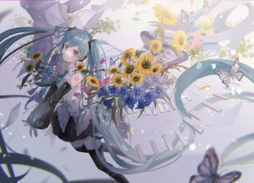 长发 蓝头发 蓝眼睛 初音 花 蝴蝶 向日葵  双尾 小提琴 动漫女孩  电脑壁纸 4K壁纸  4096x2892