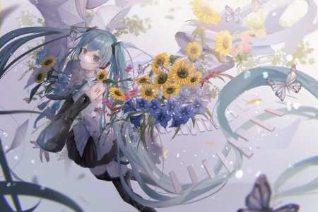 长发 蓝头发 蓝眼睛 初音 花 蝴蝶 向日葵  双尾 小提琴 动漫女孩  电脑壁纸 4K壁纸 4096x2892