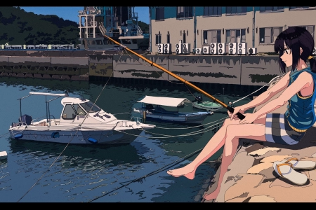  动漫 女孩 码头 水 钓鱼  电脑壁纸 4K壁纸 5934x3090