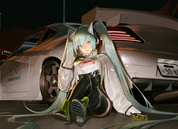 长发 微笑 全身 蓝色头发 蓝色眼睛 坐着 动漫 女孩 初音未来 汽车 赛车 4K壁纸  4556x2430
