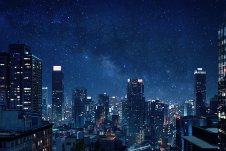 夜 城市景观 繁星之夜 灯光 天空 星星 蓝色 城市灯光  电脑壁纸 4K壁纸 3840x2160