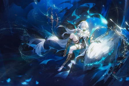 长发 闭眼 坐着 动漫 女孩 骑士 手套 花瓣 简单背景 4K壁纸 4092x2302