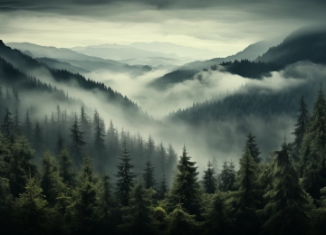 AI艺术 薄雾 森林 风景 小山 天空 绿色 树木 自然 数字艺术 云 电脑壁纸 4K壁纸  5824x3264