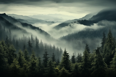 AI艺术 薄雾 森林 风景 小山 天空 绿色 树木 自然 数字艺术 云 电脑壁纸 4K壁纸 5824x3264