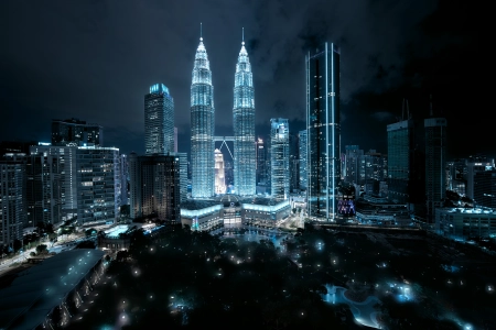 夜 霓虹灯 街灯 黑暗 城市 双子塔 蓝色 建筑 夜景 电脑壁纸 4K壁纸 5995x3995