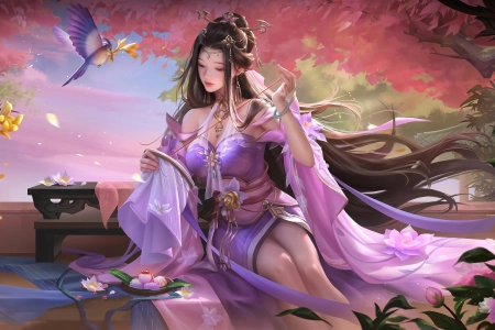 汉服 女人 坐着 长发 赤肩 粉色衣服 国风 鸟 动物 花瓣 树 叶 花 耳环 手镯 云 天空 4K壁纸 4350x2447
