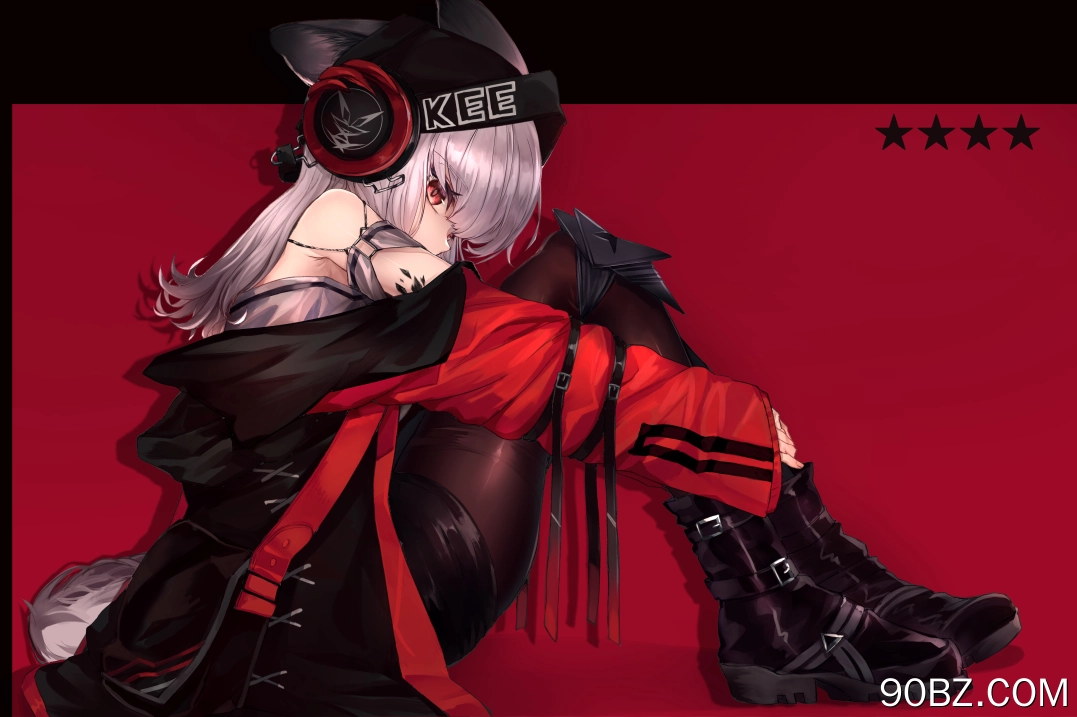  红眼睛 抱膝 动漫 动漫女孩 AI艺术 肖像 红色背景 兽耳 尾巴 耳机 银发 明日方舟 明日方舟 连裤袜  电脑壁纸 4K壁纸