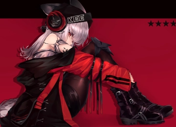  红眼睛 抱膝 动漫 动漫女孩 AI艺术 肖像 红色背景 兽耳 尾巴 耳机 银发 明日方舟 明日方舟 连裤袜  电脑壁纸 4K壁纸  5650x3762