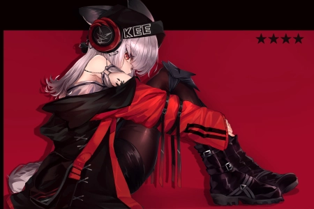  红眼睛 抱膝 动漫 动漫女孩 AI艺术 肖像 红色背景 兽耳 尾巴 耳机 银发 明日方舟 明日方舟 连裤袜  电脑壁纸 4K壁纸 5650x3762