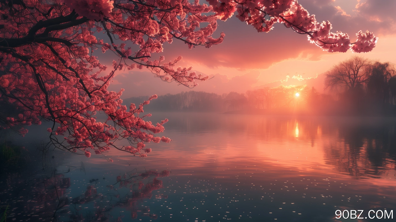 AI艺术 插图 云 樱桃树 湖 日落 电脑壁纸 4K壁纸