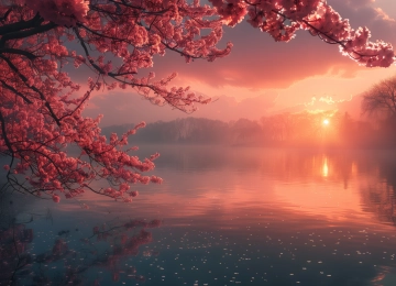 AI艺术 插图 云 樱桃树 湖 日落 电脑壁纸 4K壁纸  5824x3264