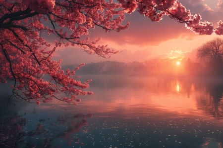 AI艺术 插图 云 樱桃树 湖 日落 电脑壁纸 4K壁纸 5824x3264