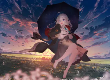 嘴巴 赤脚 动漫女孩 户外 天空宫殿 花瓣 电脑壁纸 4K壁纸  6070x4036