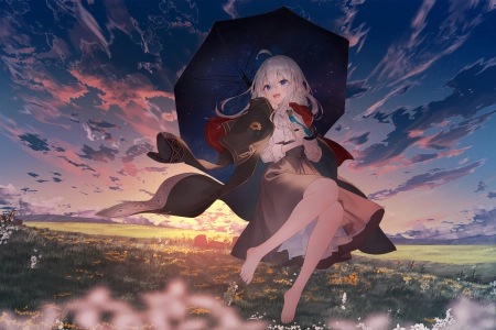 嘴巴 赤脚 动漫女孩 户外 天空宫殿 花瓣 电脑壁纸 4K壁纸 6070x4036