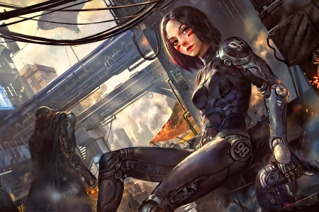 赛博朋克 阿丽塔 半机械人 机器人 城市 动漫女孩  电脑壁纸 4K壁纸 3840x2160