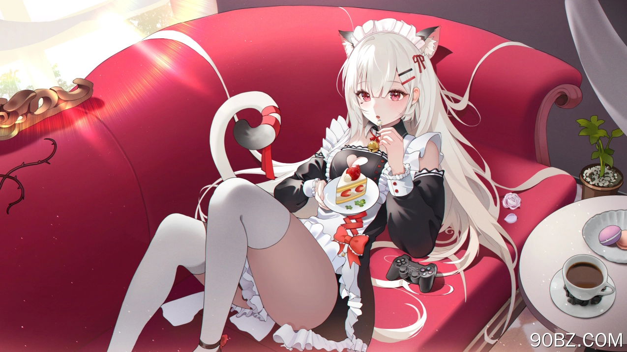 动漫女孩 银发 美食 咖啡 沙发 电脑壁纸 4K壁纸