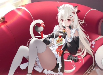 动漫女孩 银发 美食 咖啡 沙发 电脑壁纸 4K壁纸  3840x2160