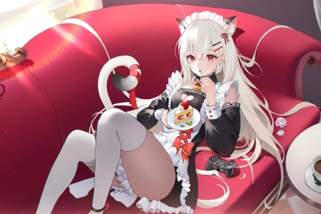 动漫女孩 银发 美食 咖啡 沙发 电脑壁纸 4K壁纸 3840x2160