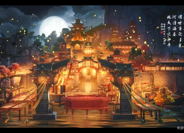 动画 屏幕截图 月亮 灯笼 元宵节 春节 山 中国建筑 汉字 电脑壁纸 4K壁纸  3840x2263