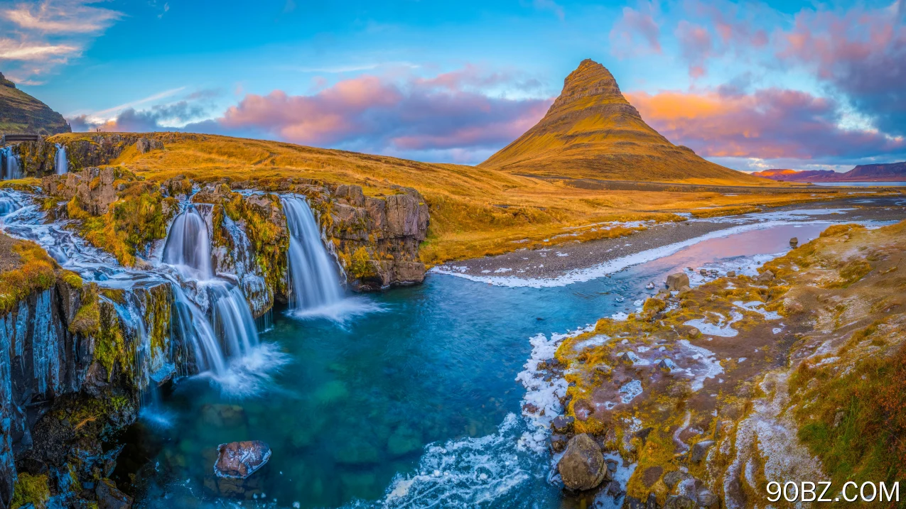 冰岛 自然 风景 瀑布 河流 山脉 水 日落 天空 云 石头 基尔朱费尔 电脑壁纸 4K壁纸