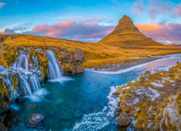冰岛 自然 风景 瀑布 河流 山脉 水 日落 天空 云 石头 基尔朱费尔 电脑壁纸 4K壁纸  3840x2160