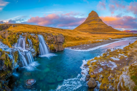 冰岛 自然 风景 瀑布 河流 山脉 水 日落 天空 云 石头 基尔朱费尔 电脑壁纸 4K壁纸 3840x2160