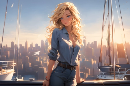 女人 金发 蓝眼睛 长发 艺术 天空 城市景观 AI艺术 船 城市 项链  电脑壁纸 4K壁纸 3840x2160