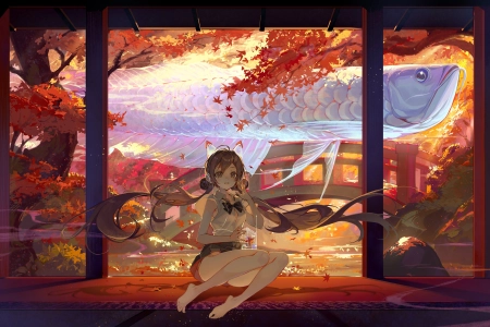 长发 深色头发 动漫 女孩 鱼 棕色眼睛 树叶 4K壁纸 3941x2500