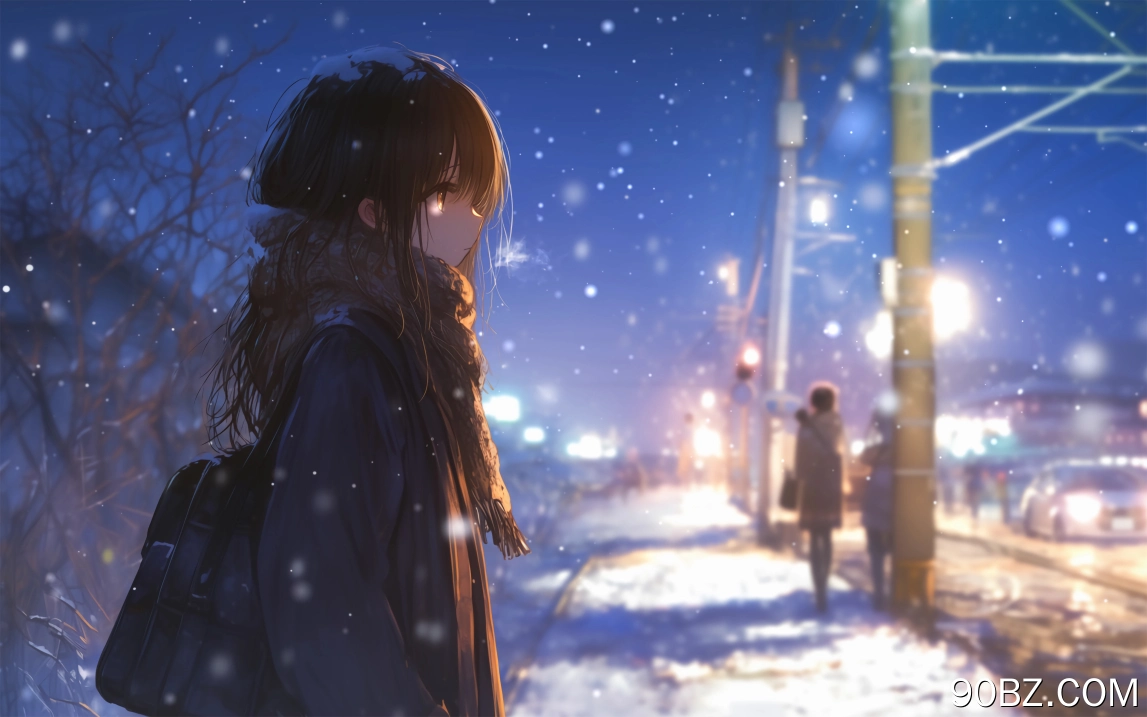 女孩 围巾 雪 夜 街 4K 动漫 壁纸 4K壁纸