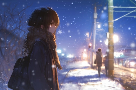 女孩 围巾 雪 夜 街 4K 动漫 壁纸 4K壁纸 3840x2400