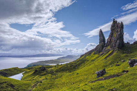 自然 风景 斯凯 岩层 田野 海洋 海岸 天空 云 石头 4K壁纸 3840x2160