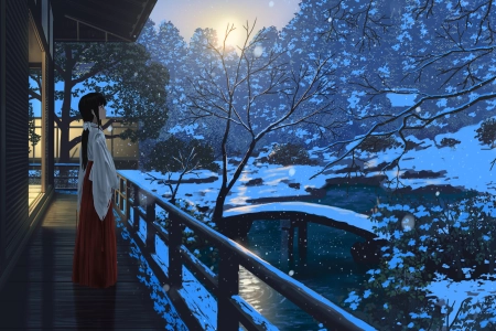  长发 动漫女孩 和服 独自 户外 桥梁 木屋 树木 下雪  电脑壁纸 4K壁纸 3840x2160