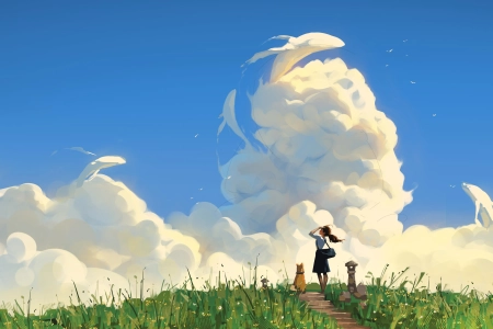 女性 AI艺术 插图 云 风景 鲸鱼 天空 狗 动物 抽象 4K壁纸 3840x2160