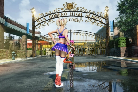 电子游戏 女孩 金发 棒棒糖 电锯 高中 水坑 啦啦队 僵尸 校车 街道 水 电锯 裙子 双胞胎 树叶 砖块 人行道 沥青 后视镜 4K壁纸 3840x2160