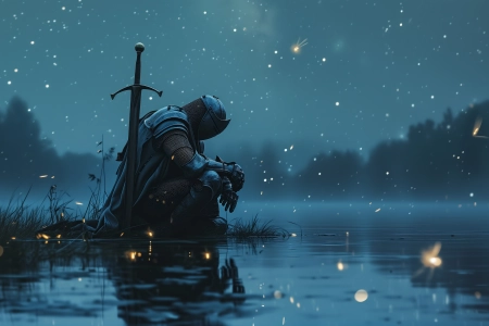 骑士 坐着 AI艺术 剑 萤火虫 湖 反射 蓝色 电脑壁纸 4K壁纸 5824x3264