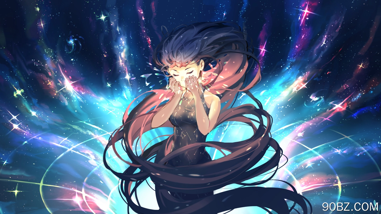 深色头发 长发 闭上眼睛 动漫 动漫女孩 星星 黑洞  电脑壁纸 4K壁纸